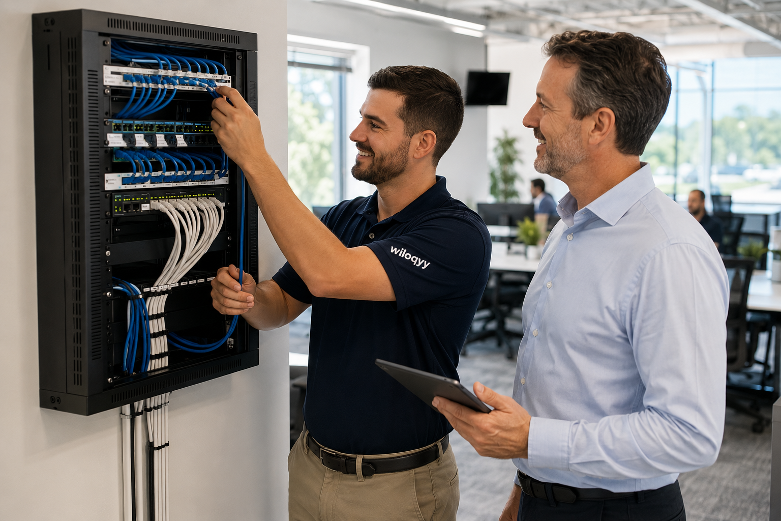 Network technician installing cables